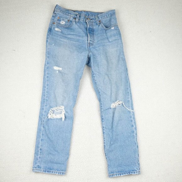 Levis 501 Jeans Womens 28 Blue Distressed  Button Fly High Rise Medium Wash - Picture 1 of 13
